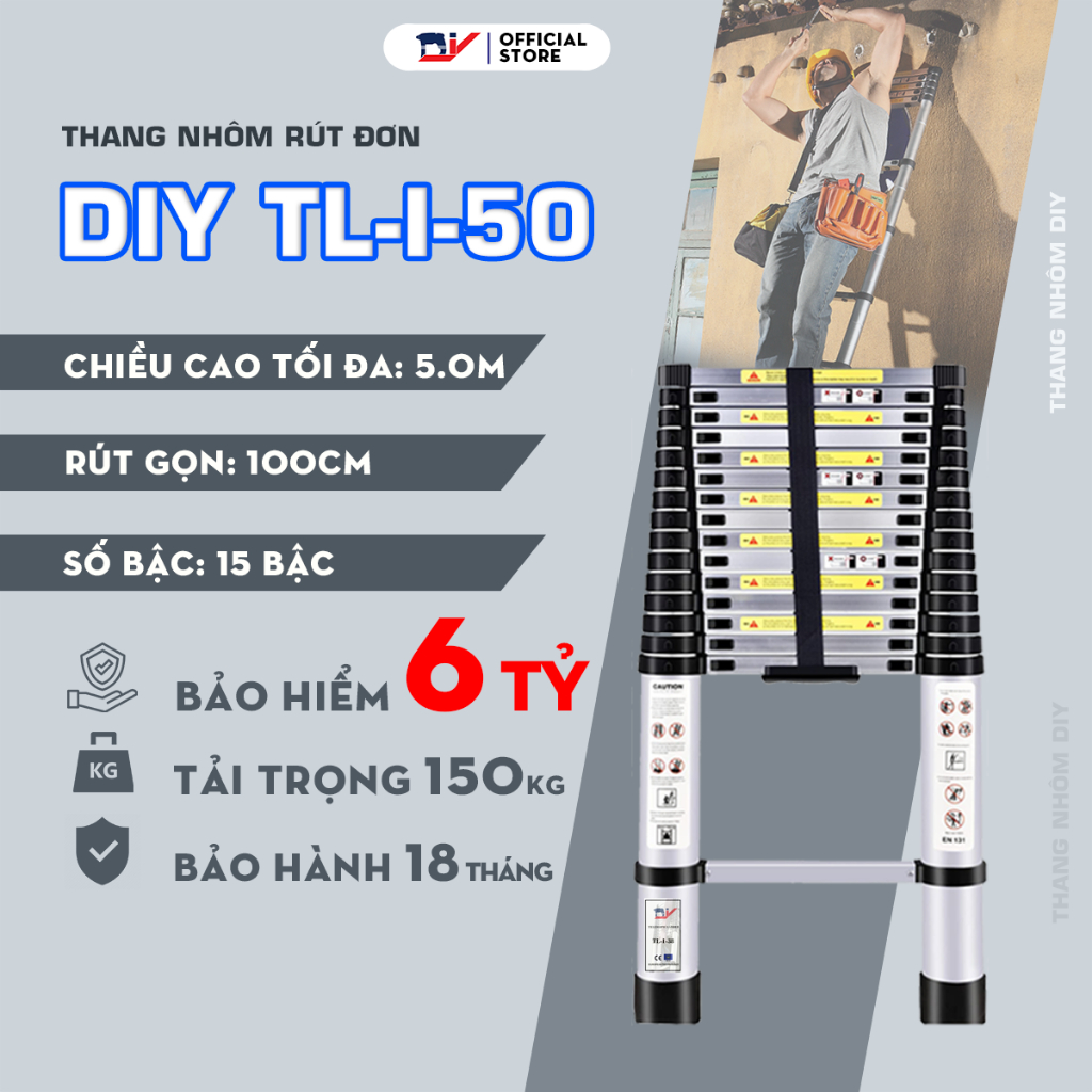 [HỎA TỐC 2H HCM] Thang nhôm rút đơn DIY TL-I-50 chiều cao sử dụng tối đa 5.0m, tải trọng 150kg