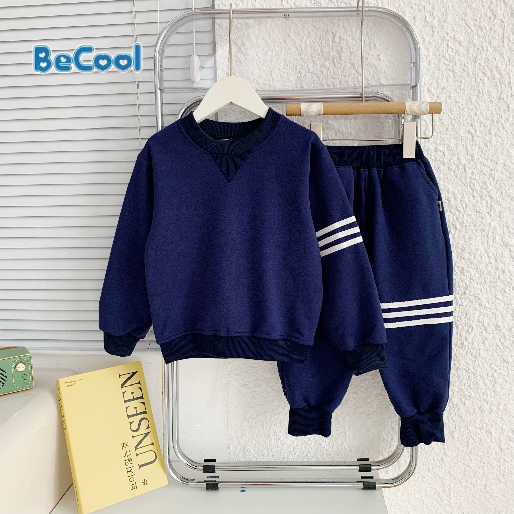 Bộ dài tay bé trai chất nỉ da cá kẻ 3 vạch, Đồ Bộ dài tay cho bé mùa thu đông dáng thể thao từ 7-28kg MINKYSUN