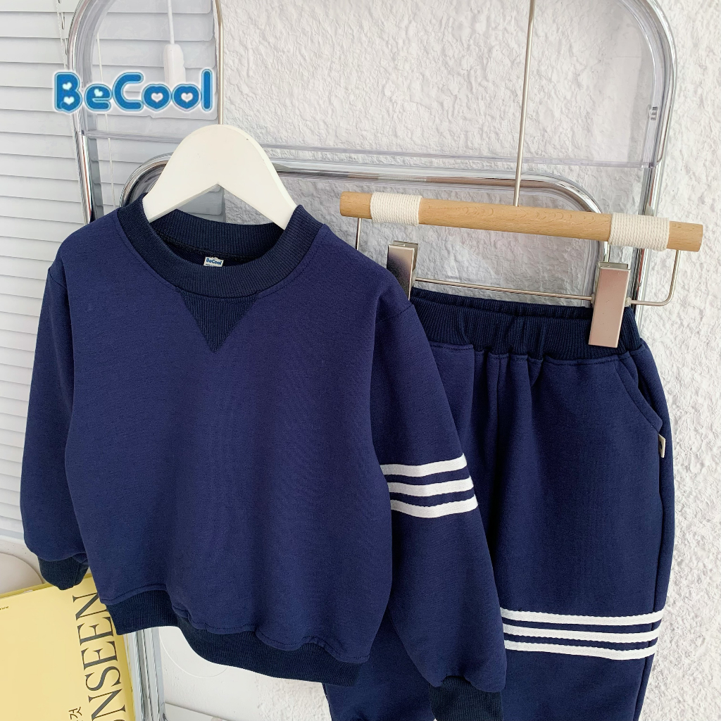Bộ dài tay bé trai chất nỉ da cá kẻ 3 vạch, Đồ Bộ dài tay cho bé mùa thu đông dáng thể thao từ 7-28kg MINKYSUN