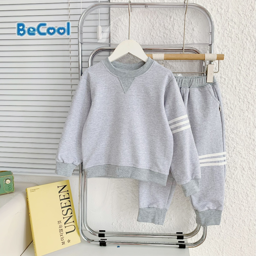 Bộ dài tay bé trai chất nỉ da cá kẻ 3 vạch, Đồ Bộ dài tay cho bé mùa thu đông dáng thể thao từ 7-28kg MINKYSUN
