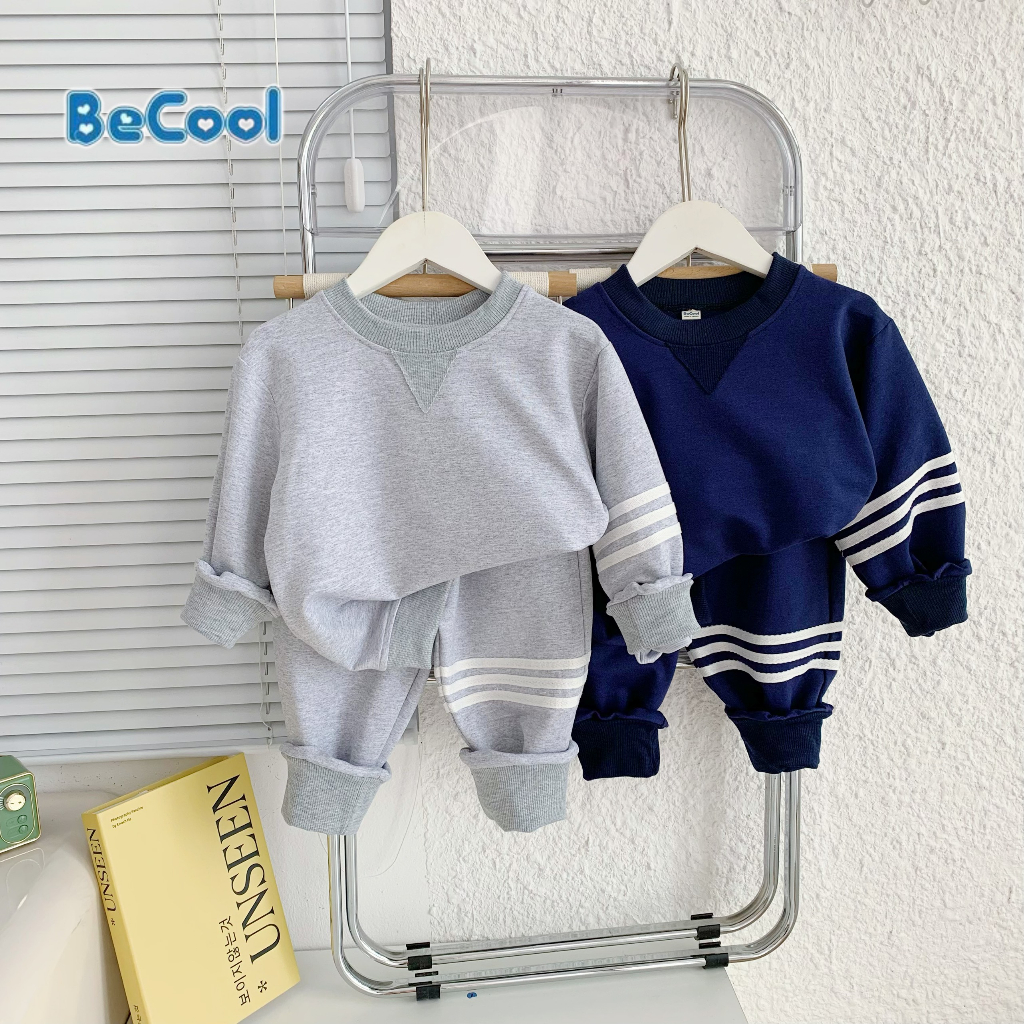 Bộ dài tay bé trai chất nỉ da cá kẻ 3 vạch, Đồ Bộ dài tay cho bé mùa thu đông dáng thể thao từ 7-28kg MINKYSUN