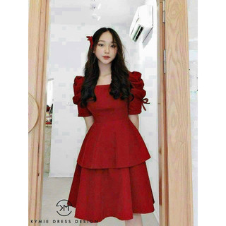 Váy đầm nữ đi tiệc, đầm vintage cổ vuông tay phồng xòe 2 tầng chất vải for thanh lịch, đầm tay búp phồng cột nơ xinh xắn