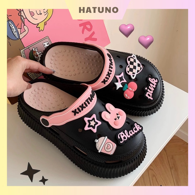 Dép Sục Crocs Black Pink Độn Đế Cao Cấp Cho Nữ - Hatuno Order