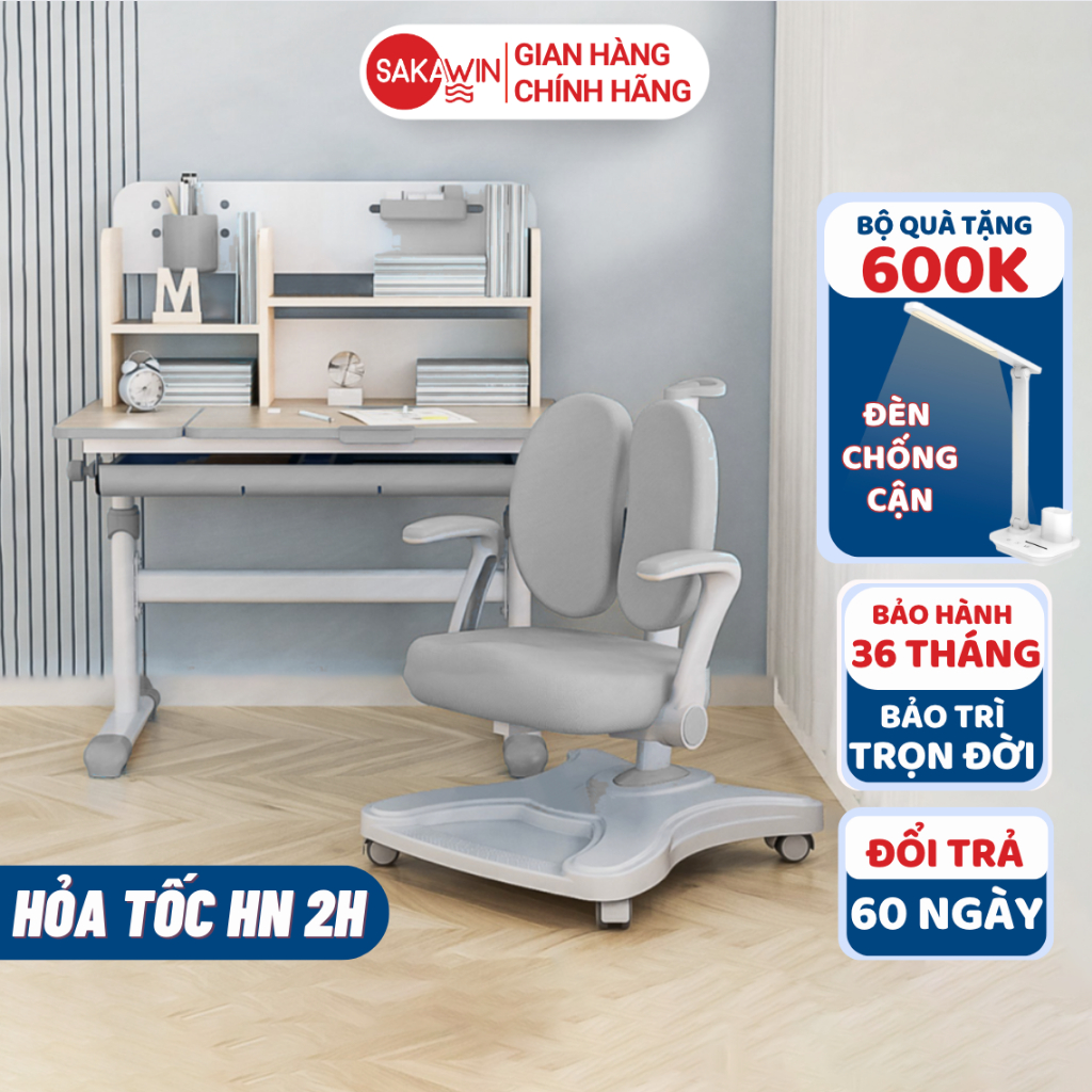 (ĐẶC BIỆT) Bộ bàn học chống gù Sakawin S80 Màu Xám mới, Bàn ghế học sinh có giá sách Nâng hạ tay quay cao cấp