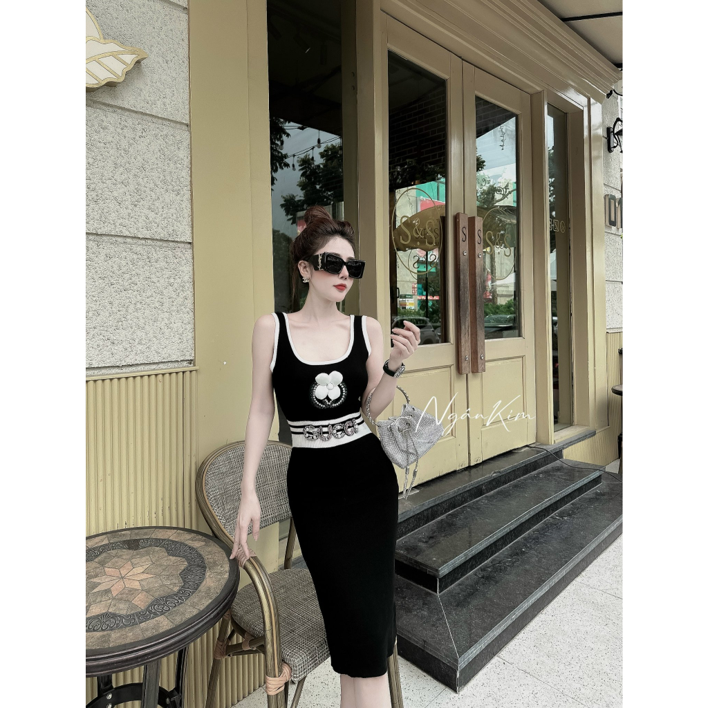 Váy Len Mongtoghi Gucci 2 dây viền trắng đen Freesize dưới 65kg