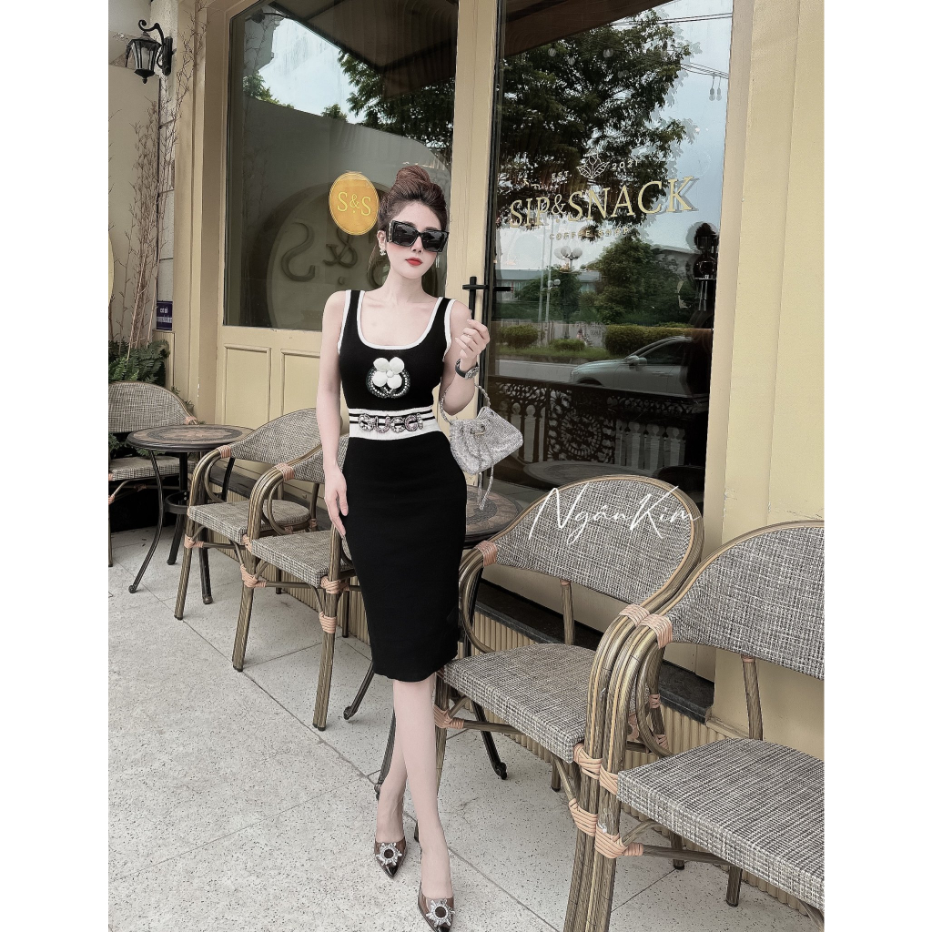 Váy Len Mongtoghi Gucci 2 dây viền trắng đen Freesize dưới 65kg