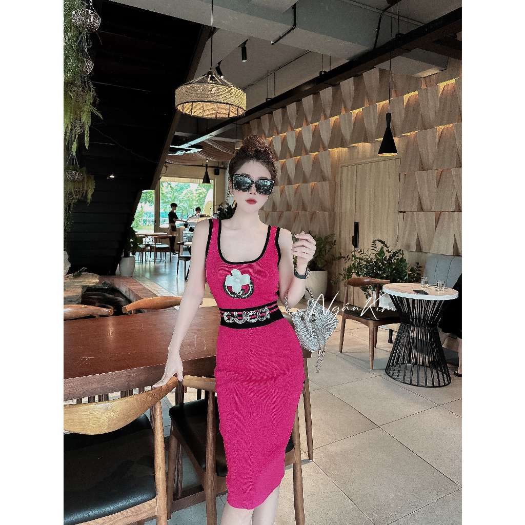 Váy Len Mongtoghi Gucci 2 dây viền trắng đen Freesize dưới 65kg