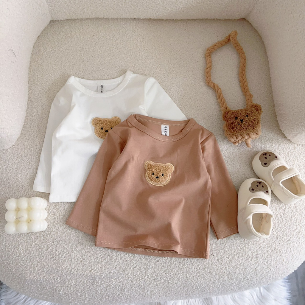 Áo cotton dài tay đính gấu thêu cho bé trai, bé gái sơ sinh 4-12kg, Chất cotton QC cao cấp. Stella shop