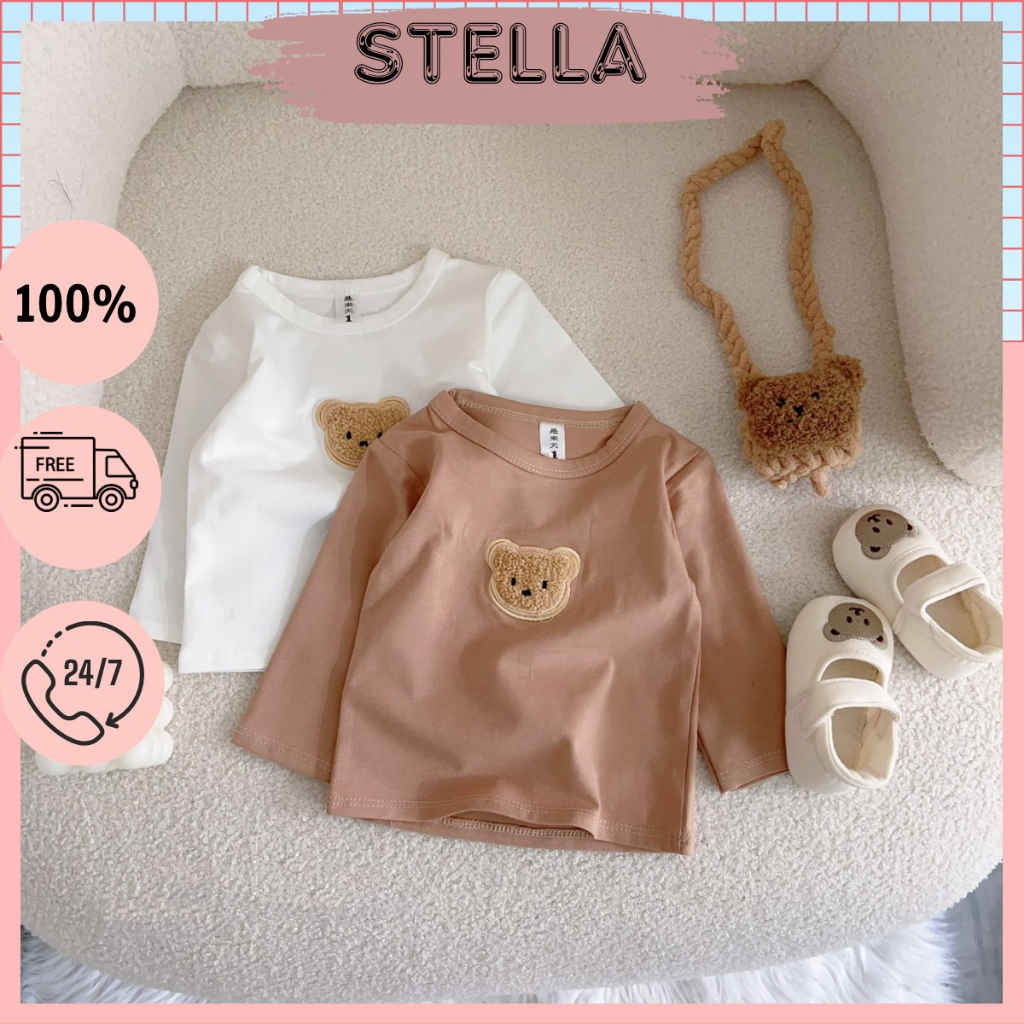 Áo cotton dài tay đính gấu thêu cho bé trai, bé gái sơ sinh 4-12kg, Chất cotton QC cao cấp. Stella shop