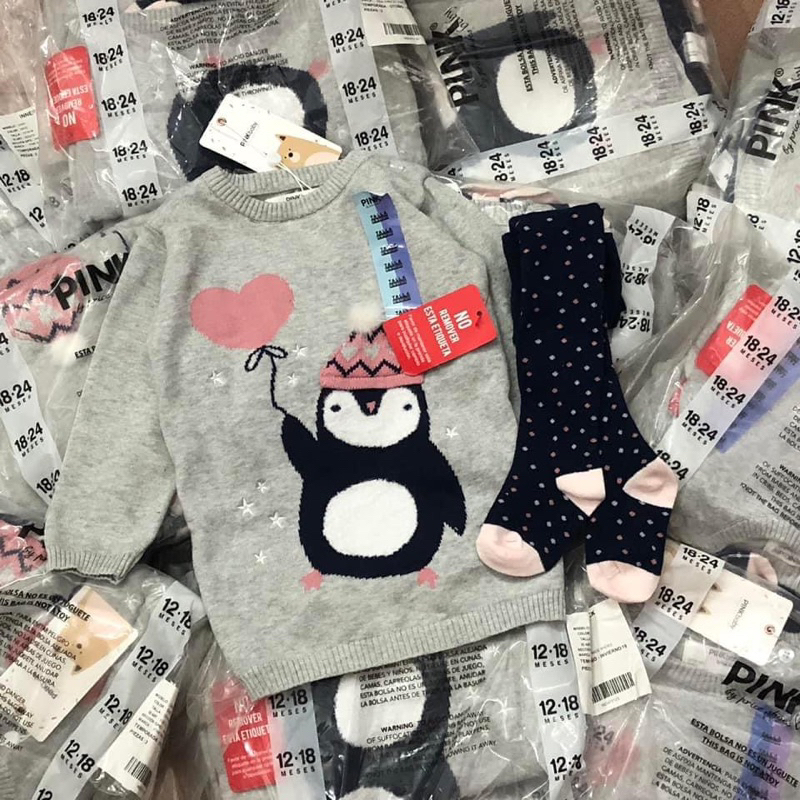 Set Áo len kèm Quần tất hình chim cánh cụt sz 6-24m, giữ ấm cho bé cực tốt