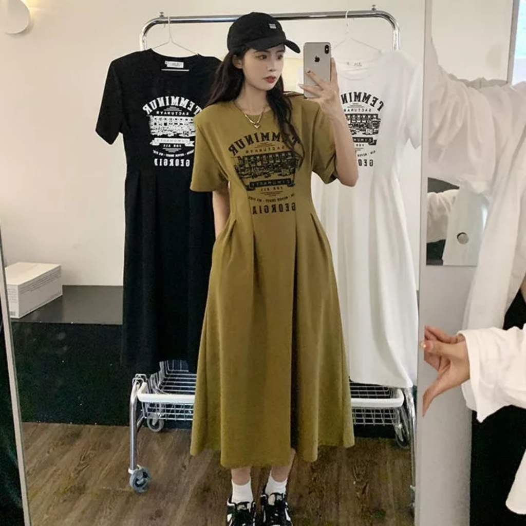 Váy suông cộc tay chiết eo in chữ TER MI, đầm xếp ly tay lỡ dáng dài chất mát