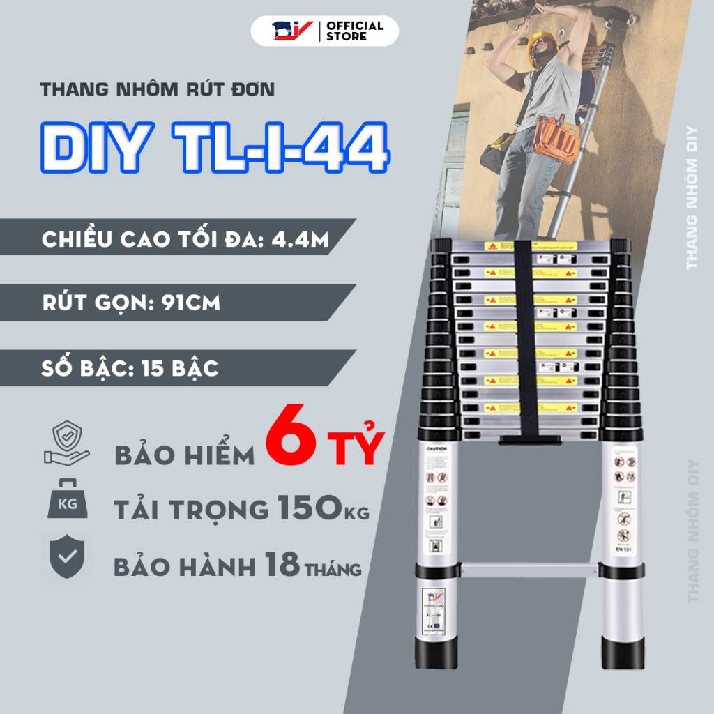 [HỎA TỐC 2H HCM]Thang nhôm rút đơn DIY TL-I-44 chiều cao sử dụng tối đa 4.4m, tải trọng 150kg