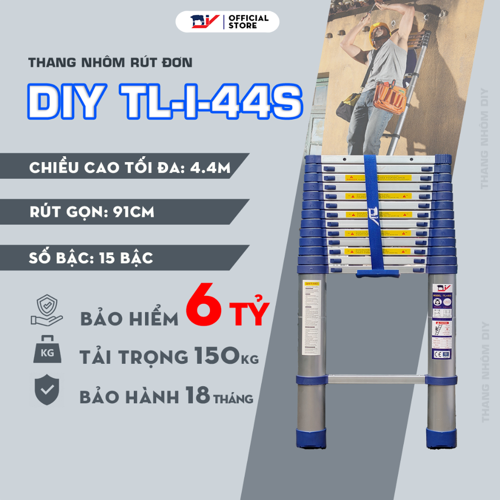 [HỎA TỐC 2H HCM] Thang nhôm rút đơn DIY TL-I-44S chiều cao sử dụng tối đa 4.4m