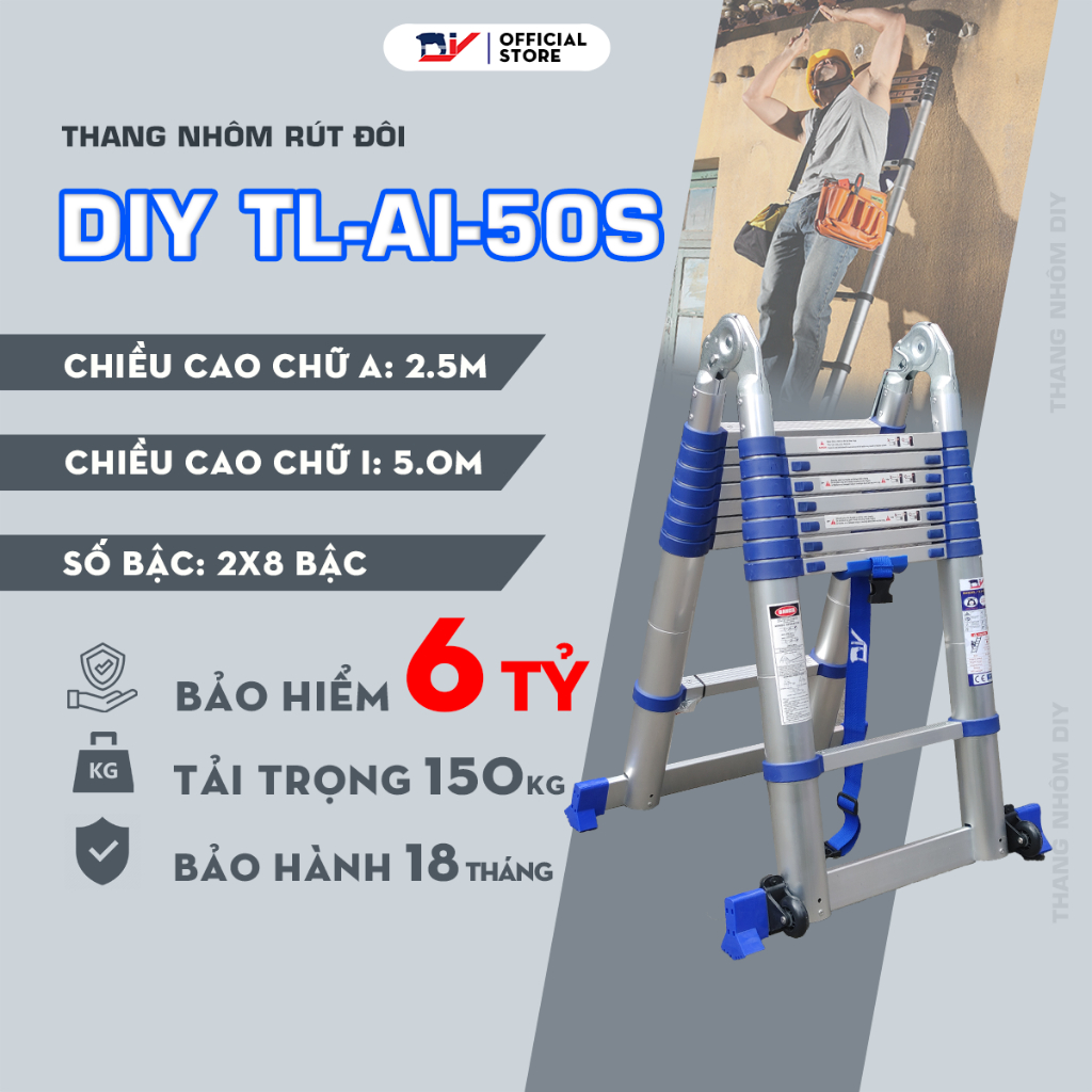 [HỎA TỐC 2H HCM] Thang nhôm rút đôi DIY TL-AI-50S chiều cao sử dụng tối đa chữ A 2.4m chữ I 5.0m