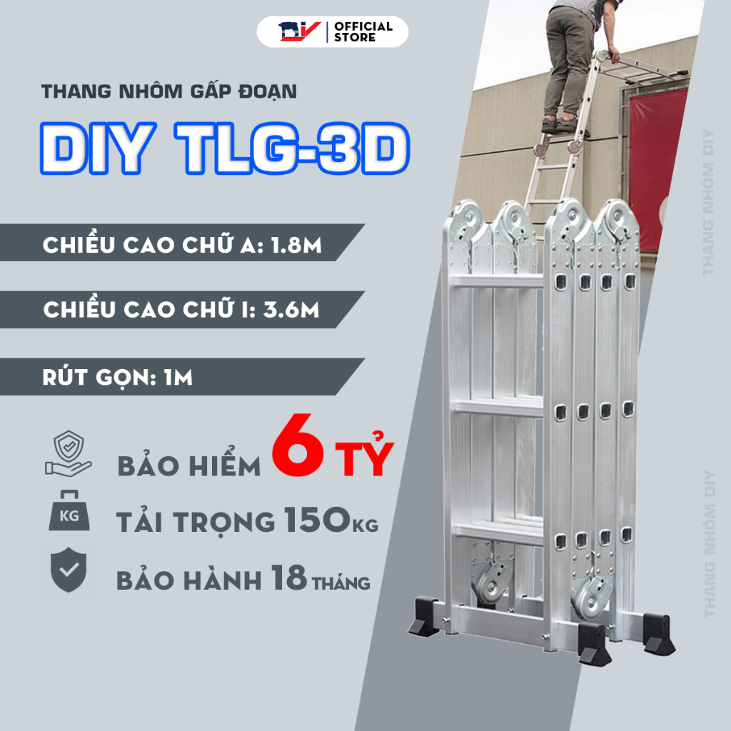 [HỎA TỐC 2H HCM] Thang nhôm gấp đoạn DIY TLG-3D chiều cao duỗi thẳng 3.6m, chữ A 1.8m