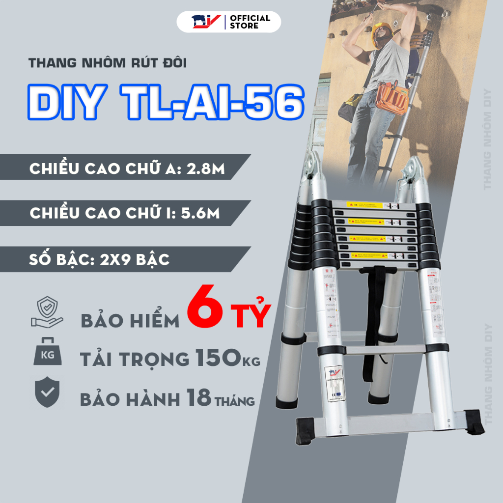 [HỎA TỐC 2H HCM] Thang nhôm rút đôi DIY TL-AI-56 chiều cao sử dụng tối đa chữ A 2.8m, chữ I 5.6m, tải trọng 150kg