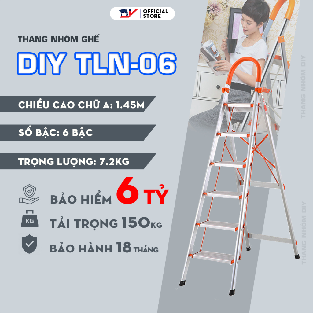 [HỎA TỐC 2H HCM] Thang nhôm ghế 6 bậc DIY TLN-06 chiều cao sử dụng tối đa 145cm - Tiêu chuẩn an toàn Châu Âu