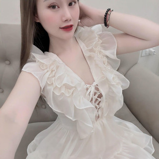 Đầm bèo 2 tầng xòe đan dây trước ngực