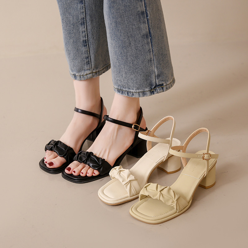 Giày Sandal, Cao Gót Nữ, Mũi Vuông, Quai Da Nhún Thanh Lịch,Gót Cao 5Cm-PSĐĐN03
