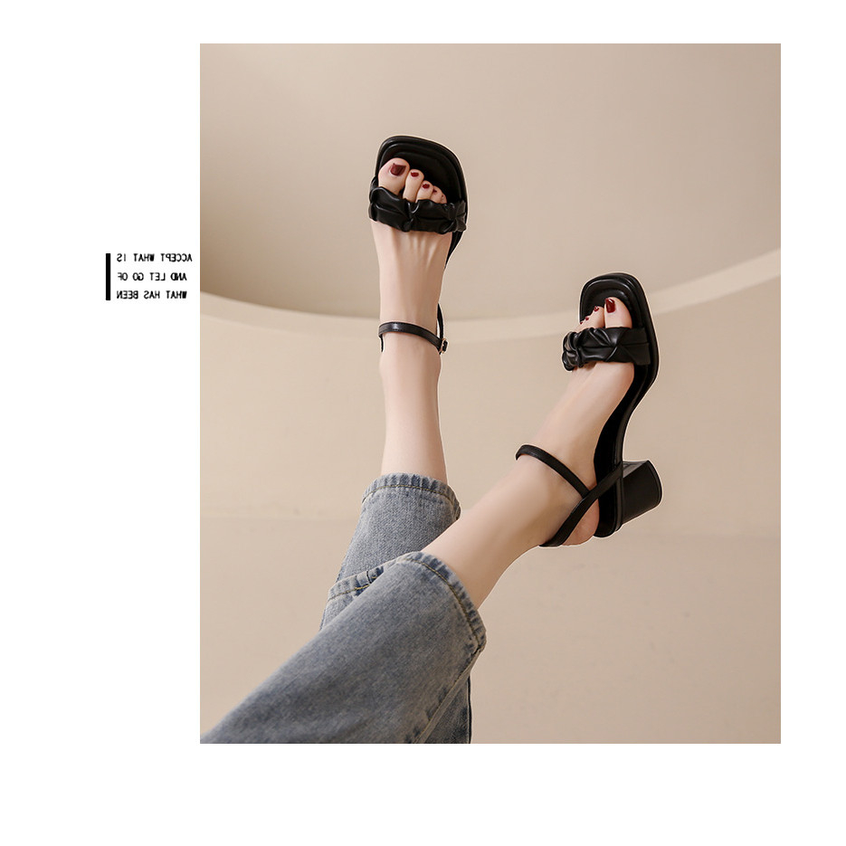 Giày Sandal, Cao Gót Nữ, Mũi Vuông, Quai Da Nhún Thanh Lịch,Gót Cao 5Cm-PSĐĐN03