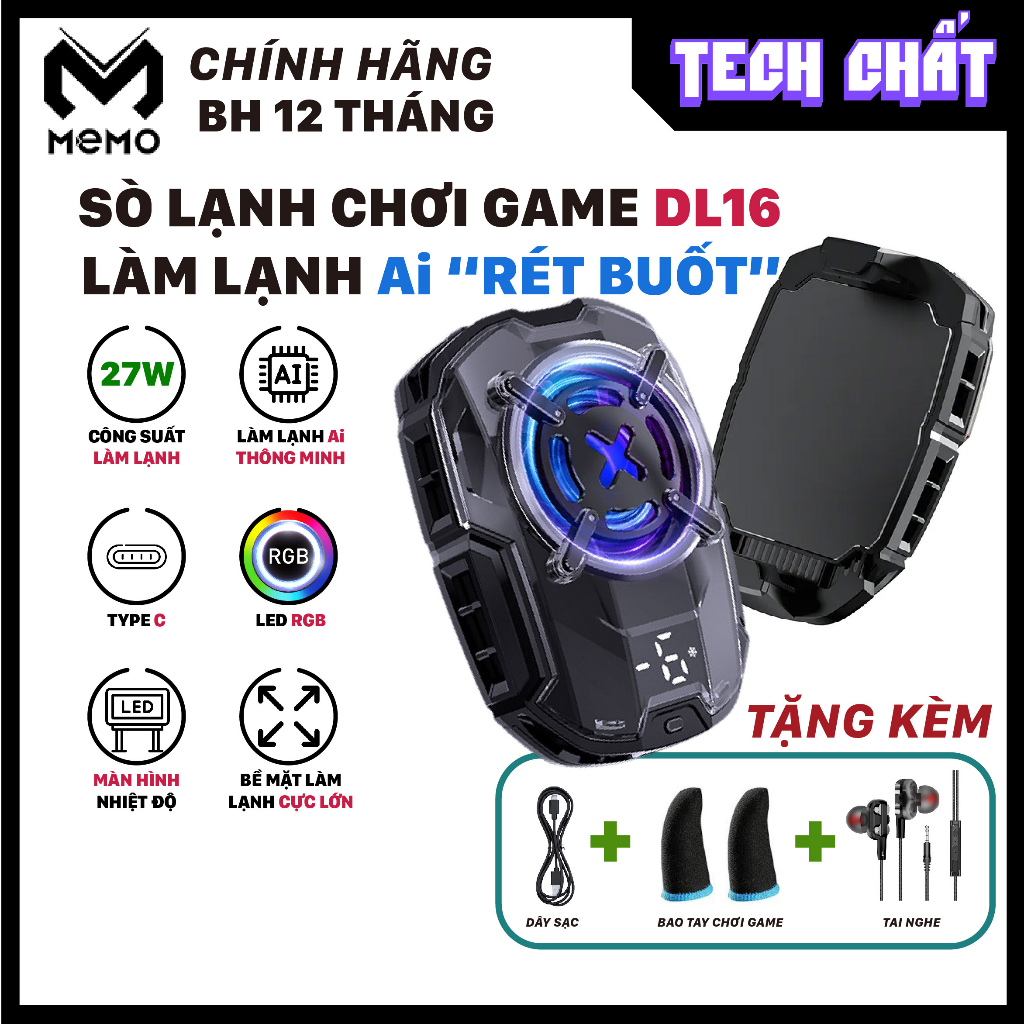 Sò lạnh tản nhiệt MEMO DL16 công suất quạt lớn 27W làm lạnh AI thông minh mát nhanh có led rgb hiển thị nhiệt độ DL 16