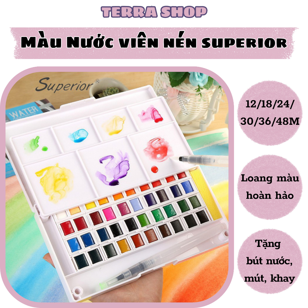 Màu nước dạng viên nén SUPERIOR 12/18/24/30/36/48 tặng kèm cọ nước- B47