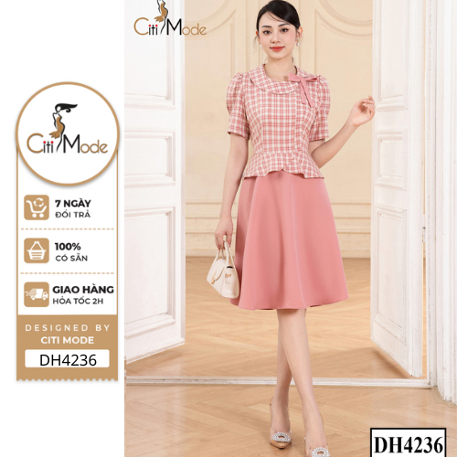 Đầm công sở CITI MODE FASHION thiết kế dáng  xoè peplum kẻ hồng phối chân váy 1 màu DH4236