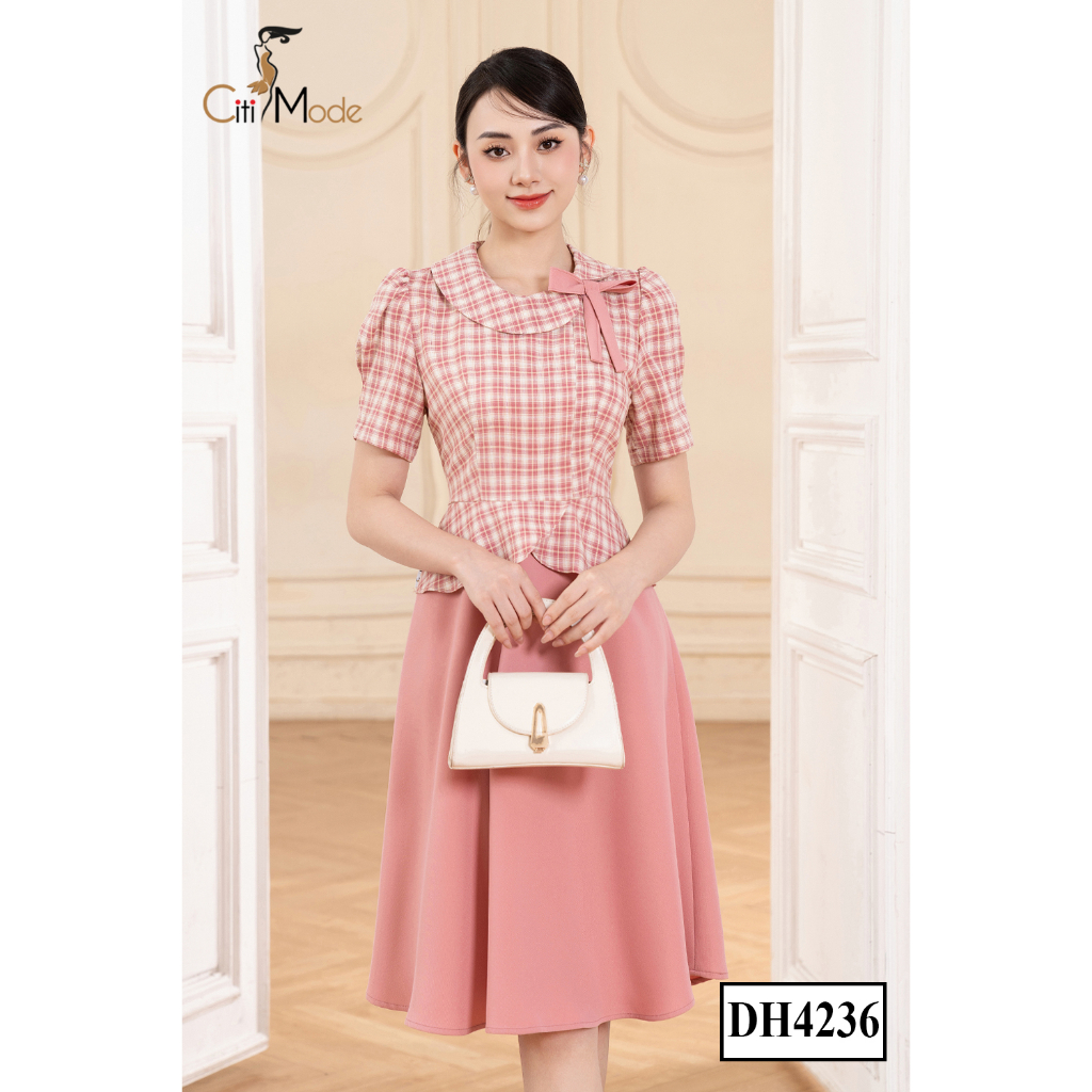 Đầm công sở CITI MODE FASHION thiết kế dáng  xoè peplum kẻ hồng phối chân váy 1 màu DH4236