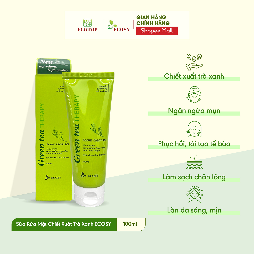 Sữa Rửa Mặt ECOSY Chiết Xuất Trà Xanh/ Chiết Xuất Collagen 100ml - Làm Sạch Sâu Bụi Bẩn, Da Trắng Sáng & Mịn Màng