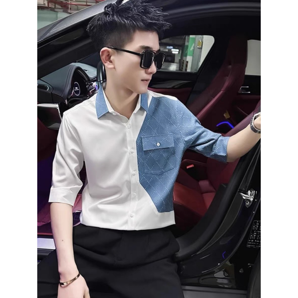 Áo Sơ Mi Nam Cao Cấp  Tay Lỡ Phối Màu Chuẩn Đẹp Như Hình .