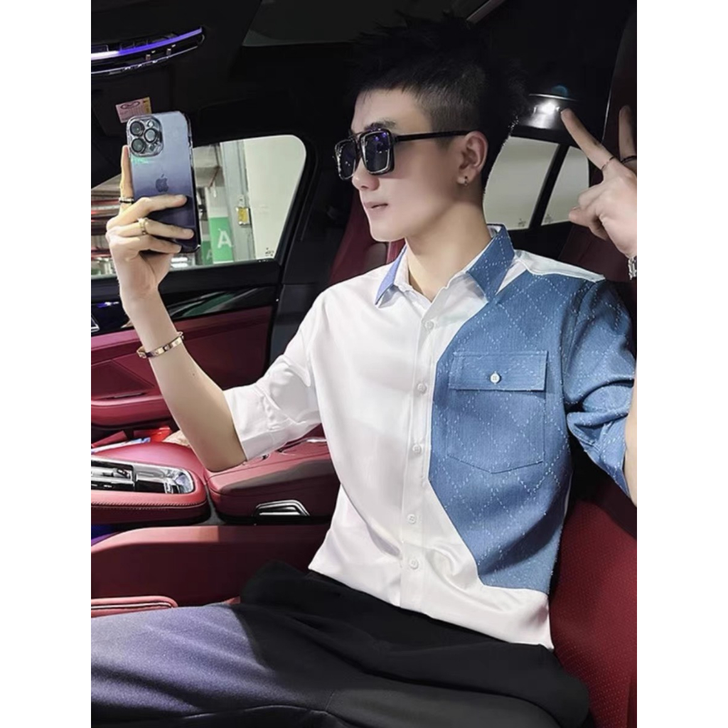 Áo Sơ Mi Nam Cao Cấp  Tay Lỡ Phối Màu Chuẩn Đẹp Như Hình .