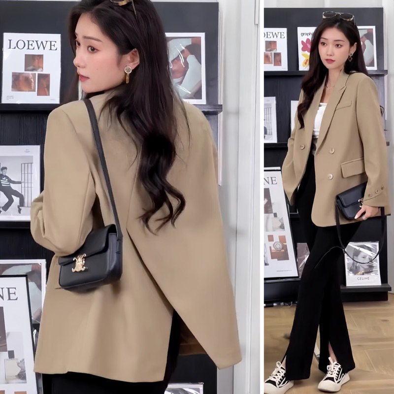 Áo blazer nữ xẻ sau NhunFashion Áo vest nữ dài tay khoác ngoài thiết kế cúc xoắn viền tay xẻ chéo lưng sau siêu hót N98 | BigBuy360 - bigbuy360.vn