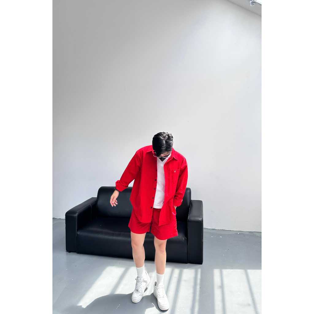 Set áo sơmi quần short nylon dù phong cách Hàn Quốc