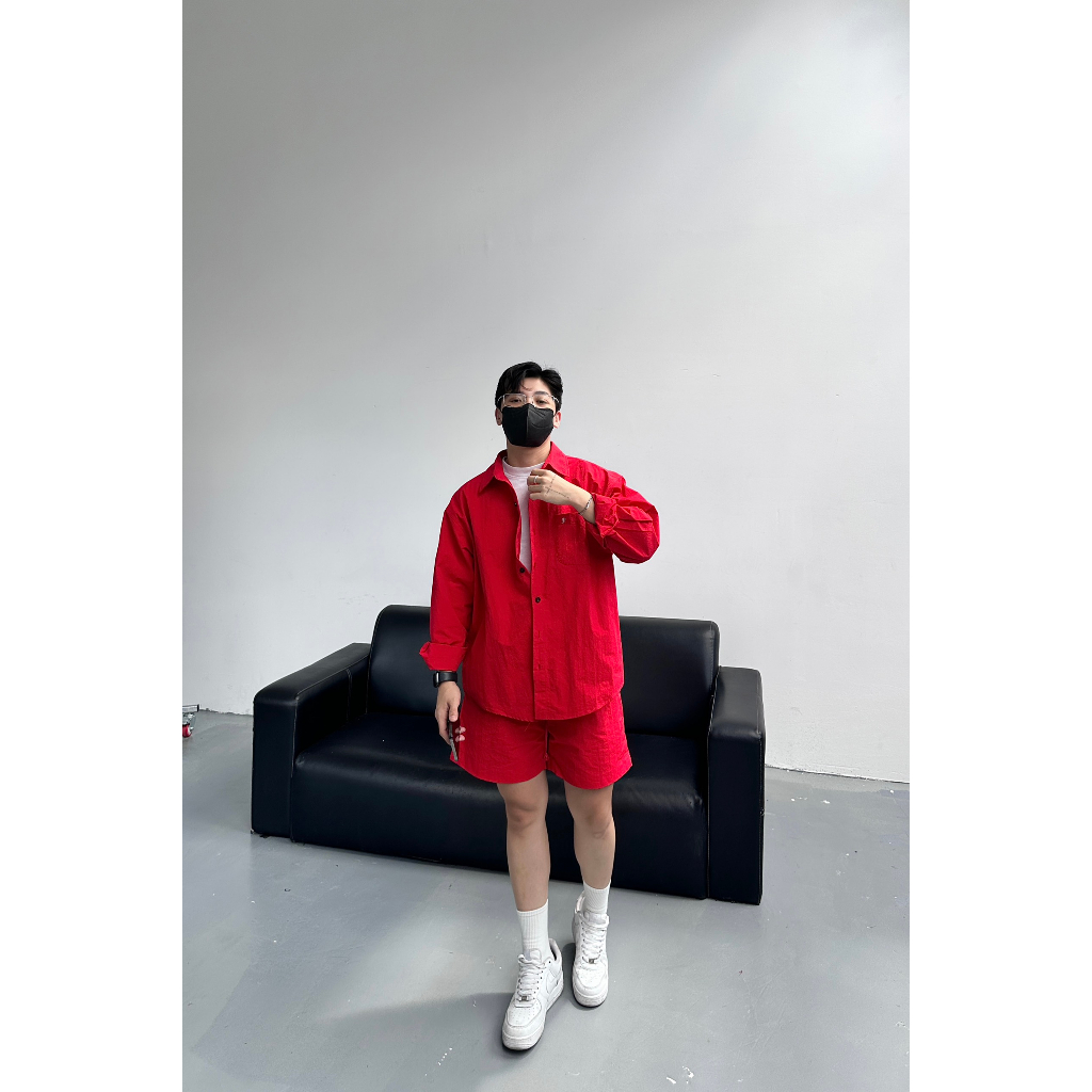 Set áo sơmi quần short nylon dù phong cách Hàn Quốc