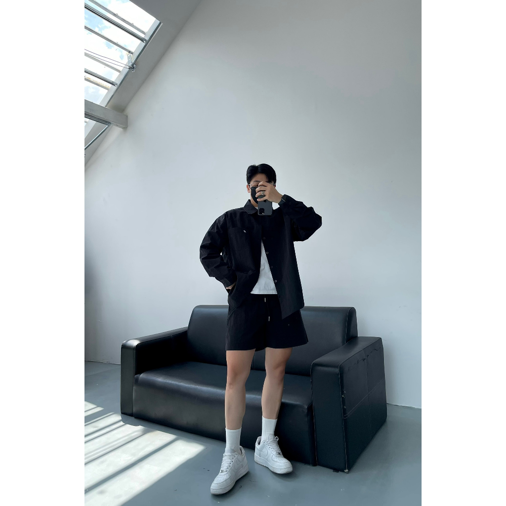 Set áo sơmi quần short nylon dù phong cách Hàn Quốc