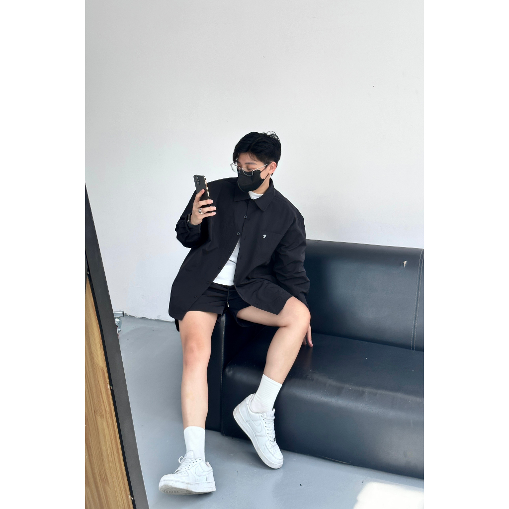 Set áo sơmi quần short nylon dù phong cách Hàn Quốc