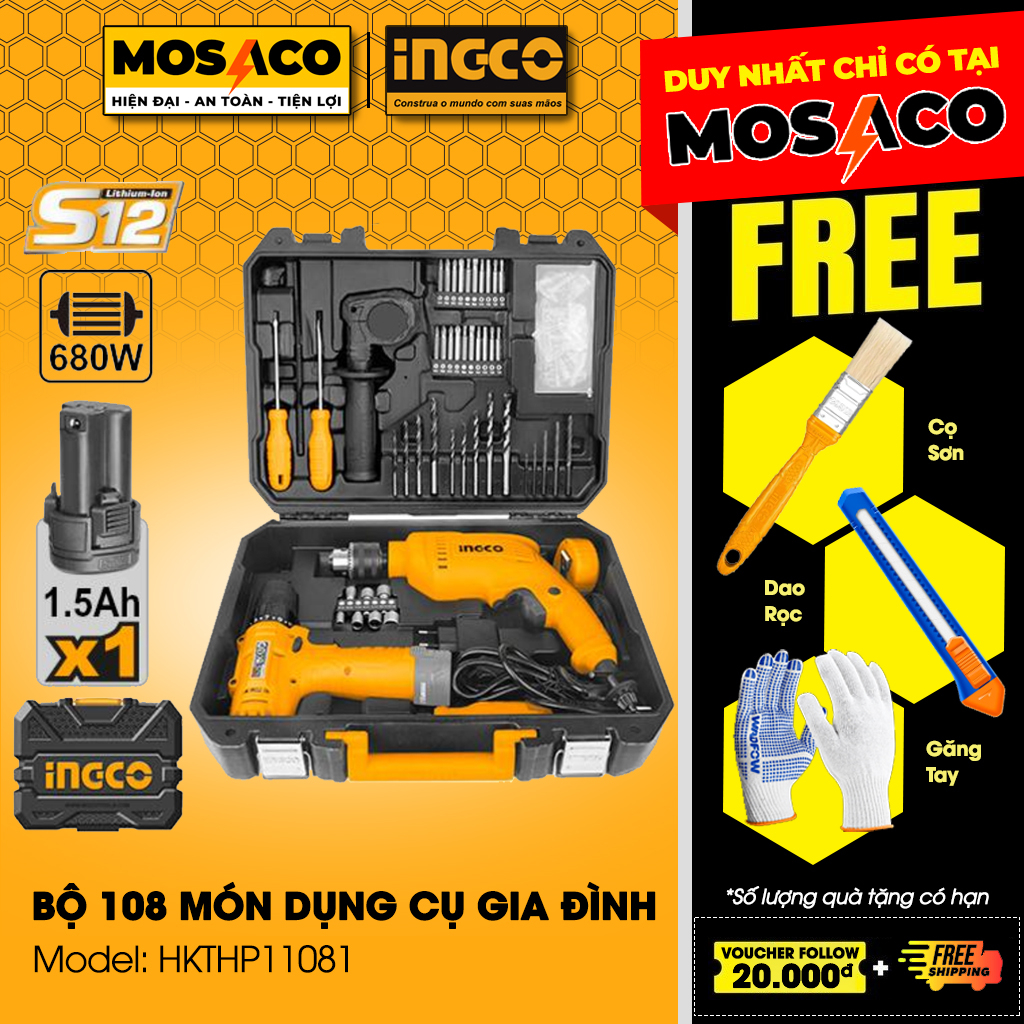 Bộ máy khoan và đồ nghề gia đình 108 chi tiết INGCO HKTHP11081 gồm 1 máy khoan pin 12v, 1 sạc.. - MOSACO