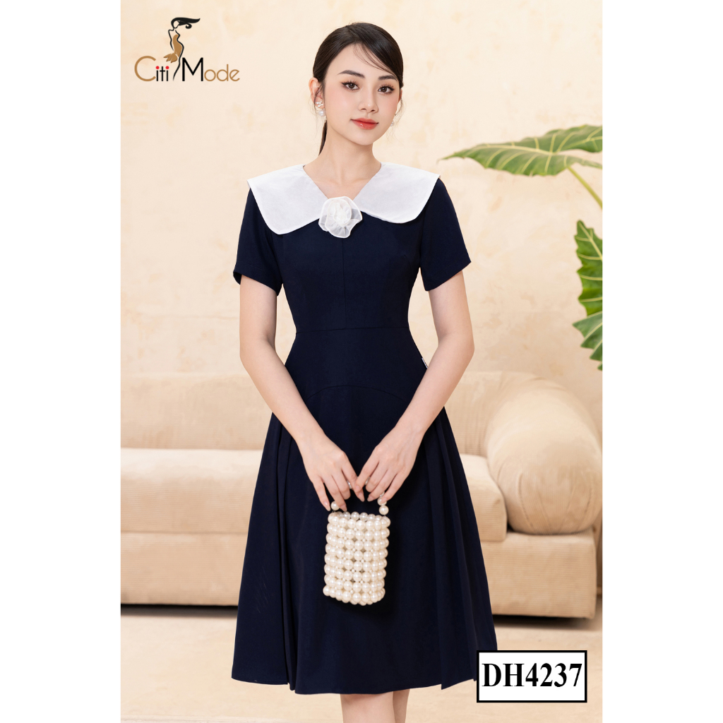 Đầm công sở CITI MODE FASHION thiết kế dáng xoè tím than cổ trắng đính hoa DH4237