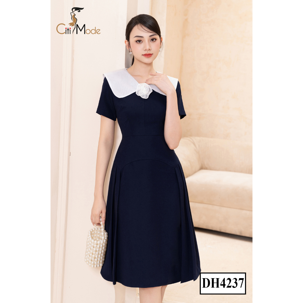 Đầm công sở CITI MODE FASHION thiết kế dáng xoè tím than cổ trắng đính hoa DH4237