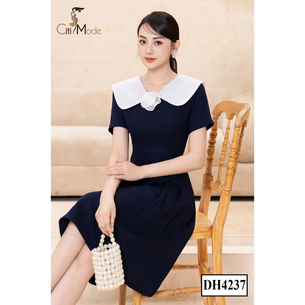 Đầm công sở CITI MODE FASHION thiết kế dáng xoè tím than cổ trắng đính hoa DH4237