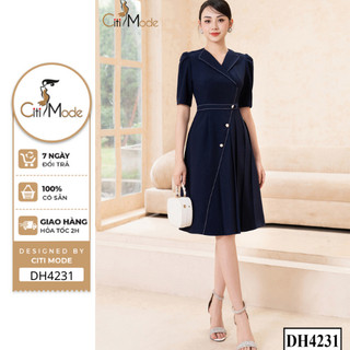 Đầm công sở CITI MODE FASHION thiết kế dáng xoè xanh than phối chân váy xếp ly 1 bên DH4231