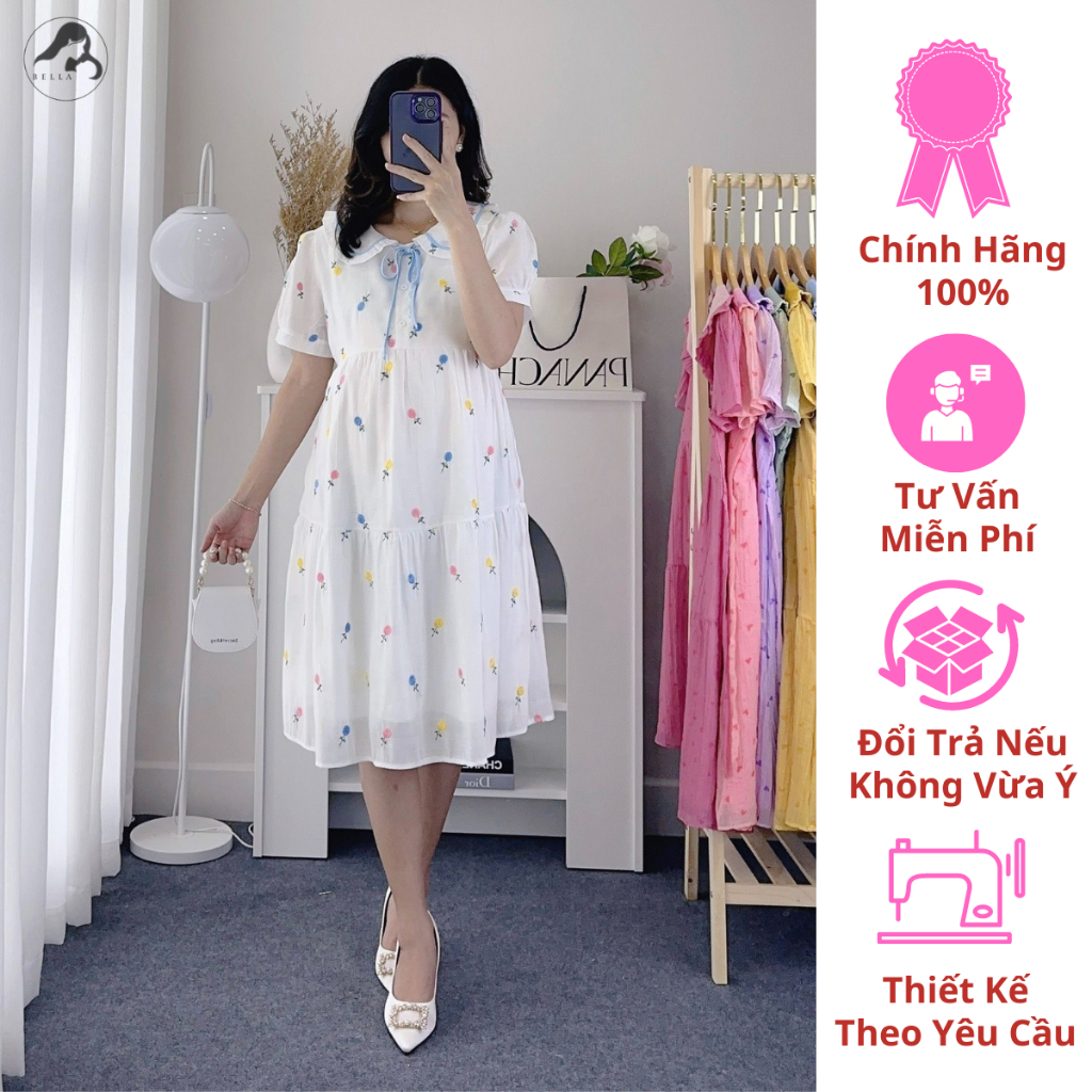 Đầm Bầu - Váy Bầu Đi Chơi, Đi Tiệc Thêu Hoa Phối Nơ Dễ Thương