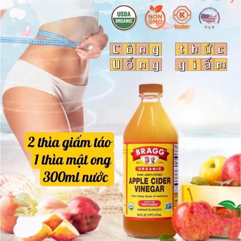 Giấm Táo Hữu Cơ Bragg chai 473ml  chứa con giấm mẹ thich hợp eatclean