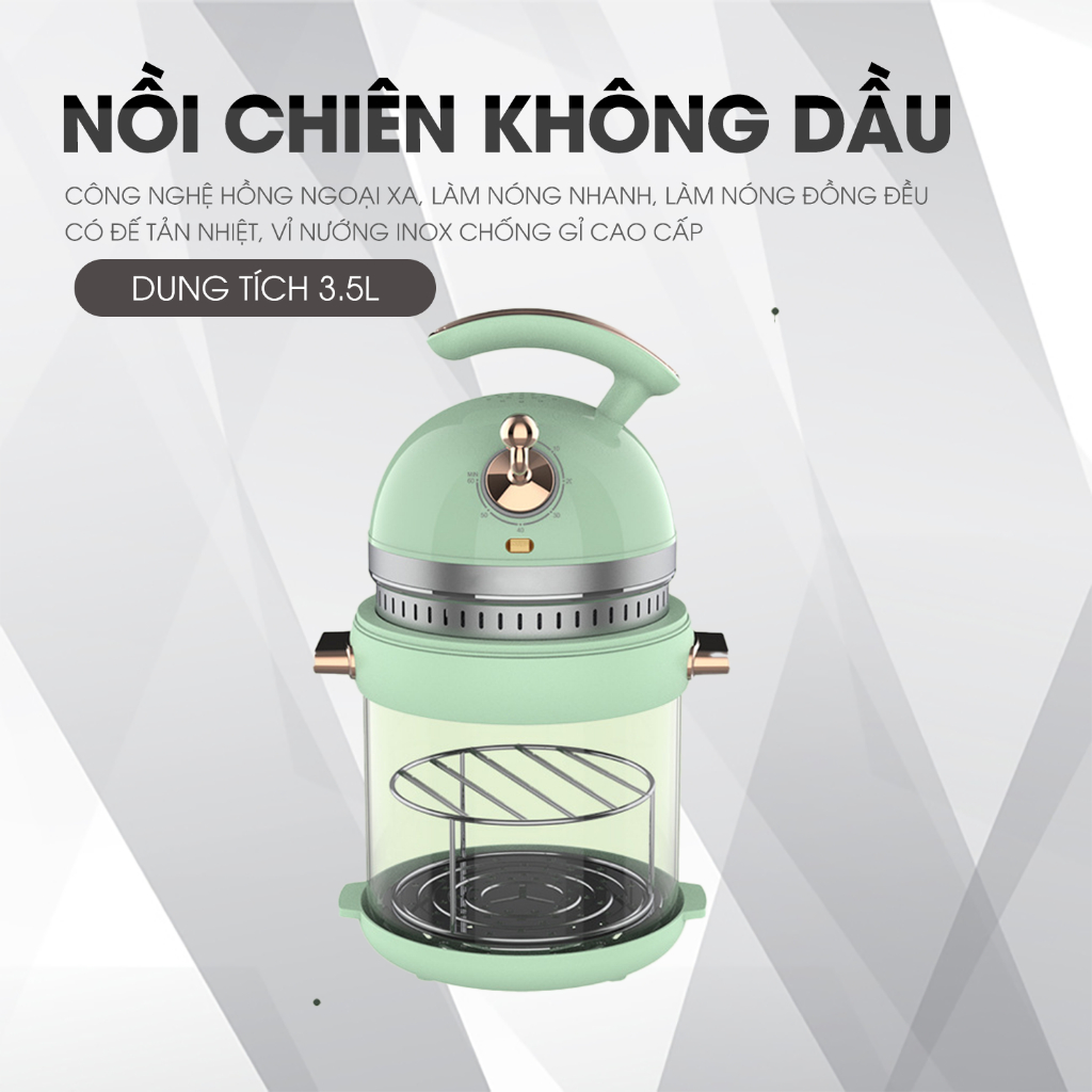 Nồi chiên không dầu dung tích 3L5 DEMUTE khung kính cao cấp, công suất 1200W - bảo hành 3 tháng