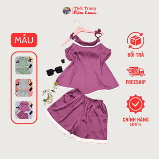 Đồ bộ 2 dây nơ nữ chất liệu lụa latin, gấm xước Quảng Châu cao cấp - Thời Trang Kim Loan