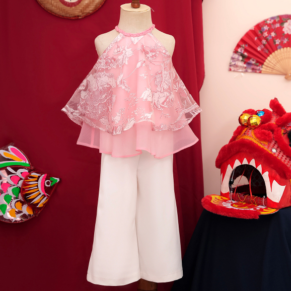 Set yếm trung thu bé gái ILABY voan hoa hai tầng quần dài chất liệu voan tơ lót lụa cho bé 10-30kg