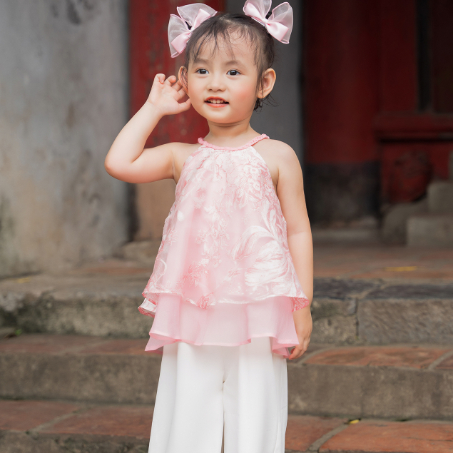 Set yếm trung thu bé gái ILABY voan hoa hai tầng quần dài chất liệu voan tơ lót lụa cho bé 10-30kg