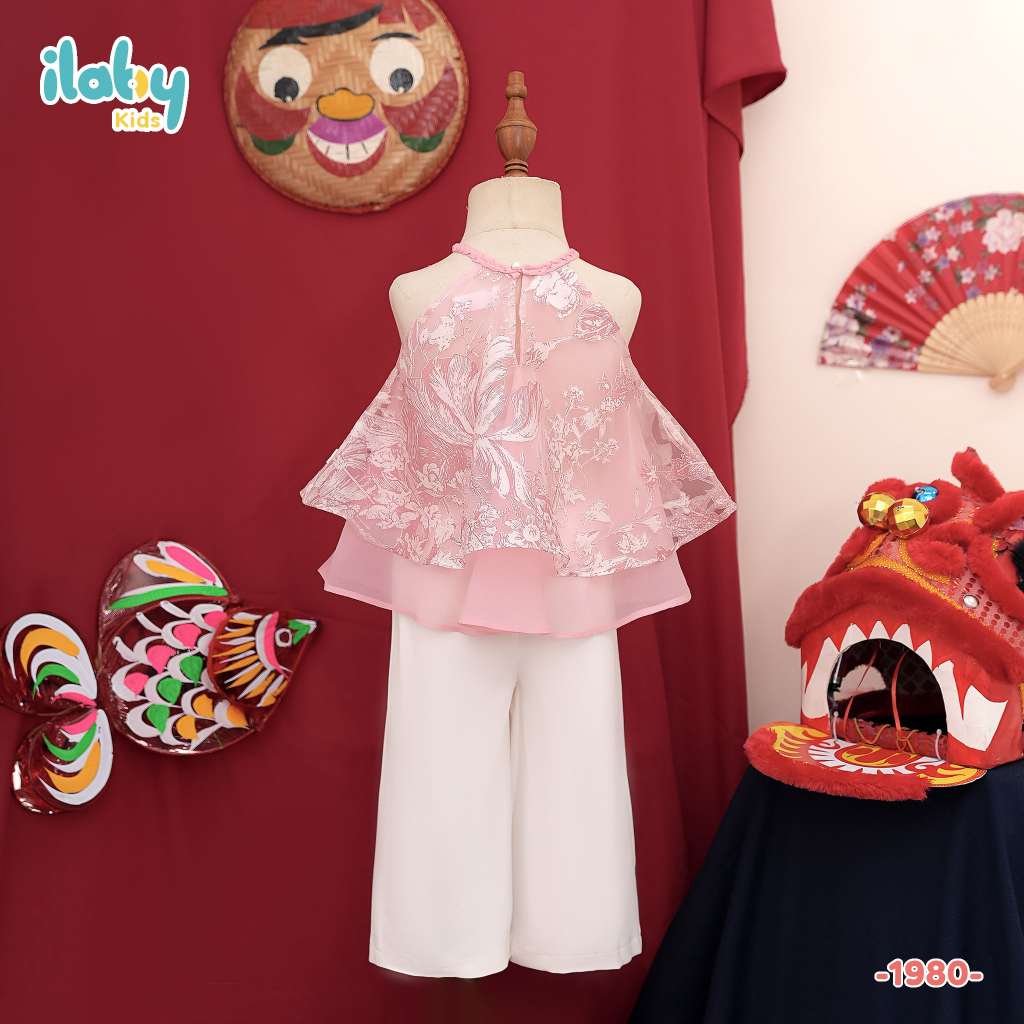 Set yếm trung thu bé gái ILABY voan hoa hai tầng quần dài chất liệu voan tơ lót lụa cho bé 10-30kg