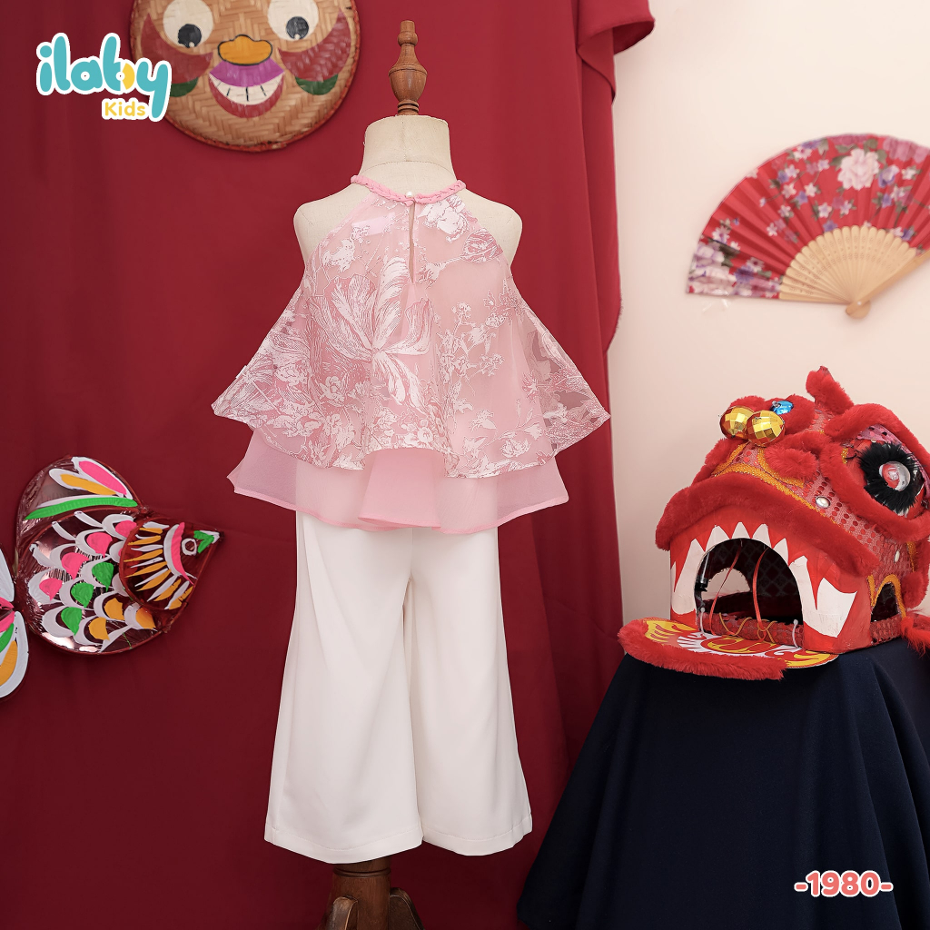 Set yếm trung thu bé gái ILABY voan hoa hai tầng quần dài chất liệu voan tơ lót lụa cho bé 10-30kg