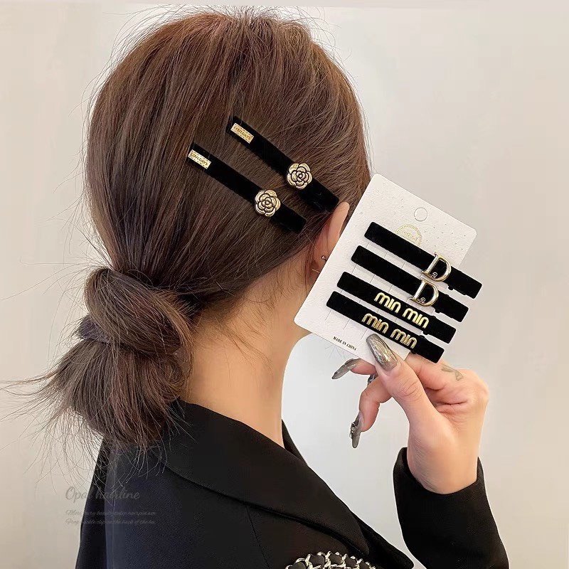 Sét 3 Kẹp Tóc Cho Nữ Đen Nhung Đính Tag Phong Cách Retro Tiểu Thư